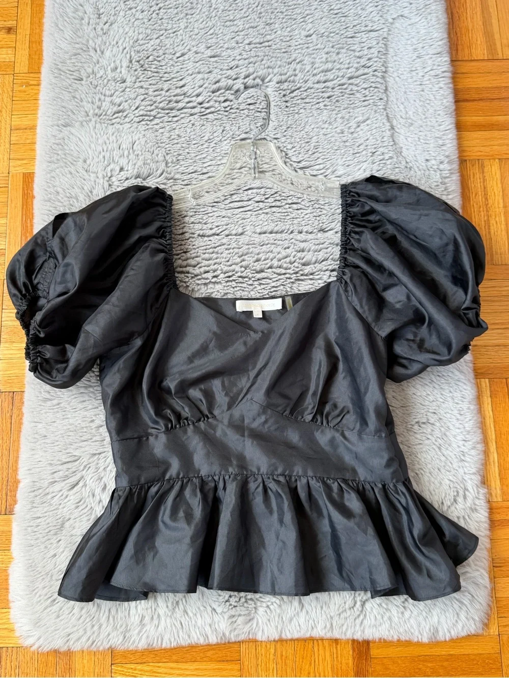 LOVESHACKFANCY Black Puff-Sleeve Peplum Top